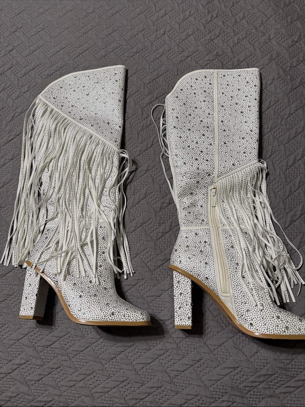 Jessica Simpson White Fringe Studded Heeled Western Boots - worn once